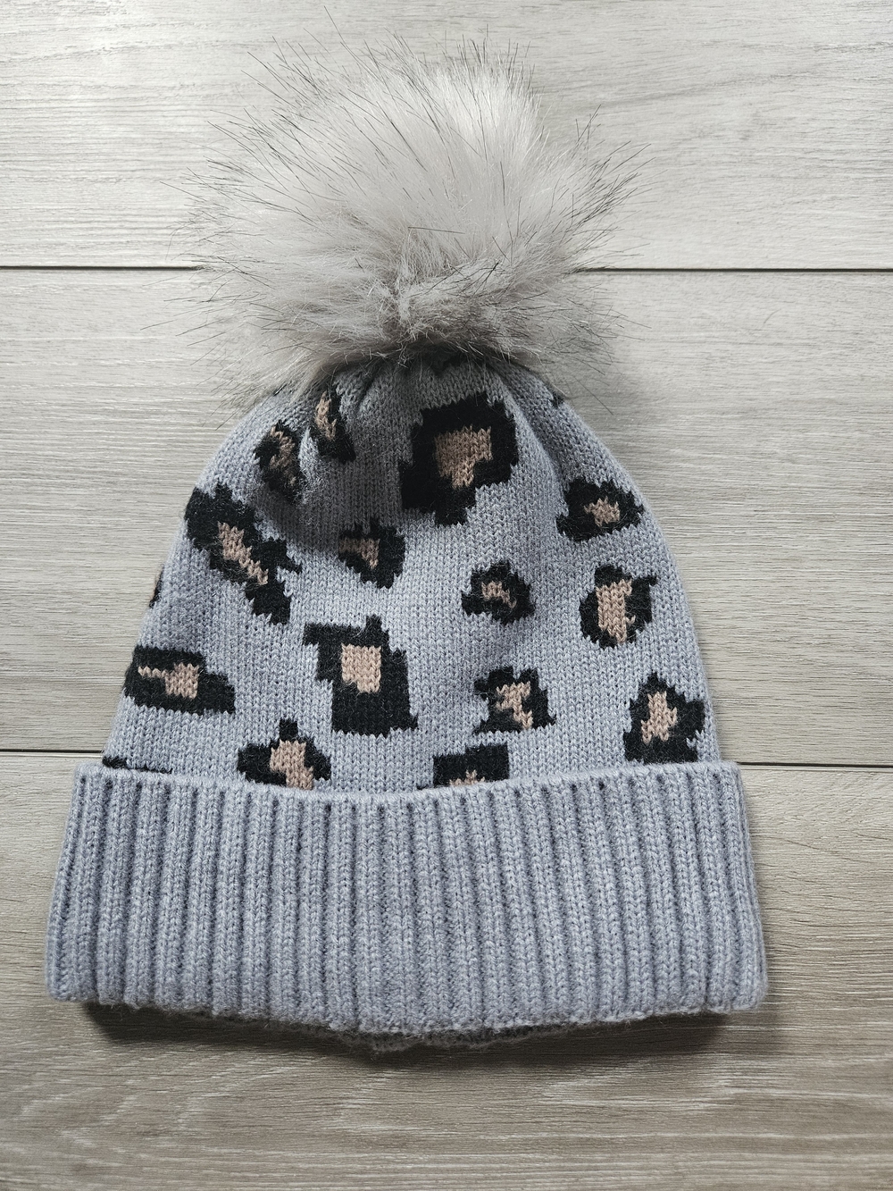 Target Gray Leopard Knit Beanie with Faux Fur Pom